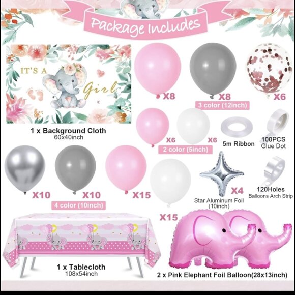 Elephant Girls Baby Shower Decoration Set - Pink - Picture 2 of 6
